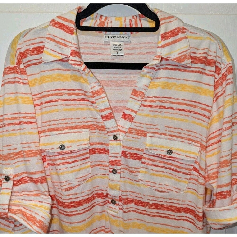 Rebecca Malone Striped Blouse Coastal Chic Lightweight Button Top Summer Large